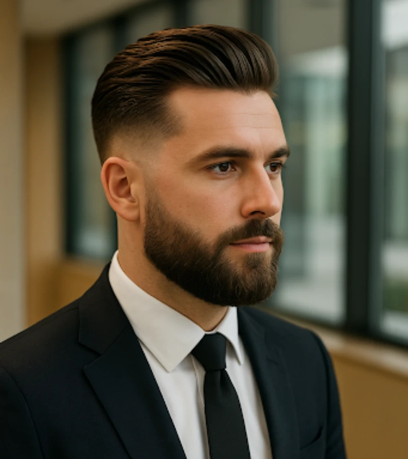 Brush Back with Mid Skin Fade and A Beard