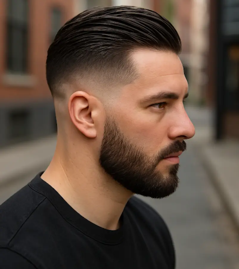 Short Slick Back with Mid Skin Fade and Beard