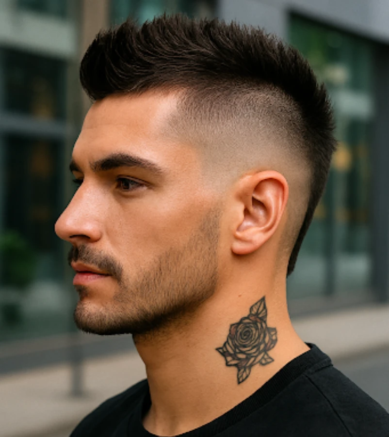 Edgy Short Mohawk with Clean Low Burst Fade