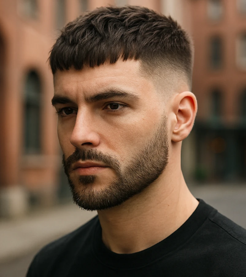 Textured Crop with Low Fade and Groomed Beard