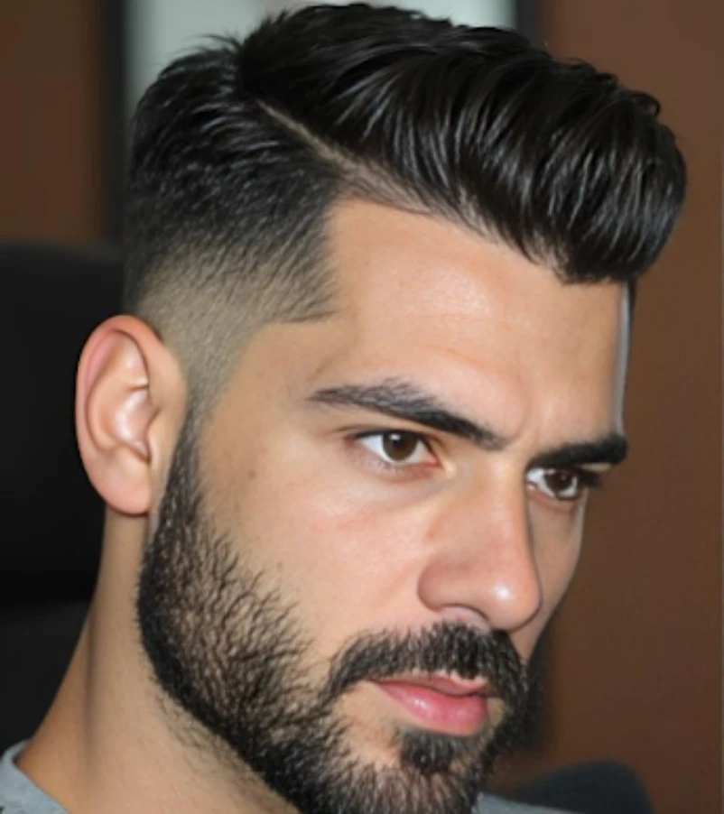 Textured Pompadour with Low Skin Fade and Heavy Stubble Beard