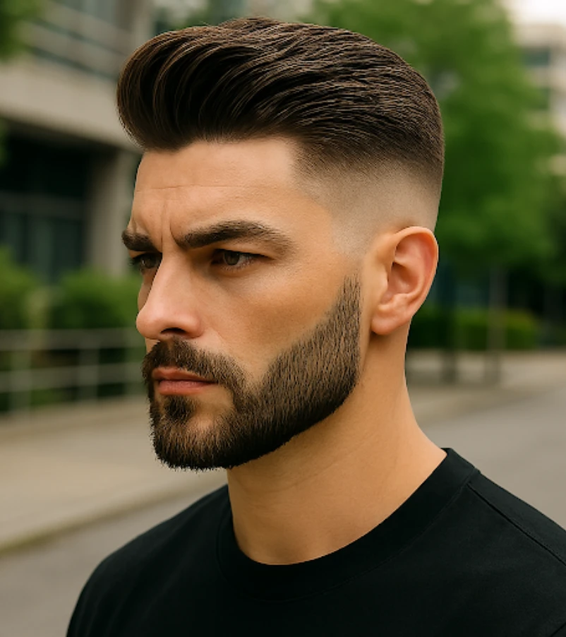 Thick Textured Brush Back with Low Bald Fade
