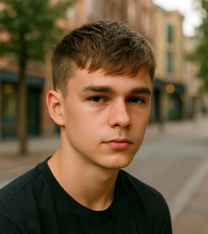 Brushed Forward and Swept with Low Taper Fade