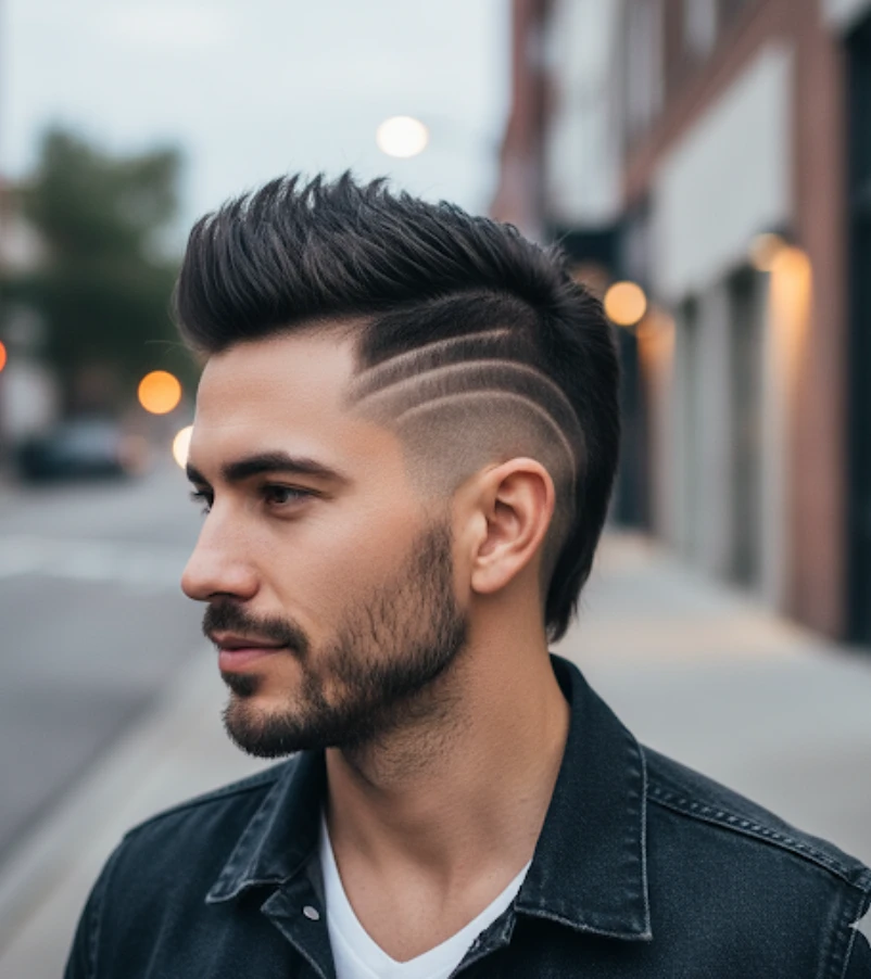 Burst Fade Mohawk with Long Shaved Lines