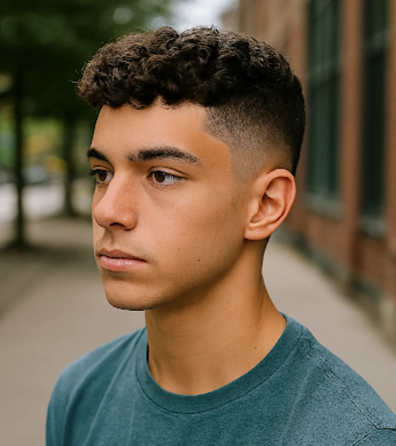 Short Curly Hair with Low Burst Fade