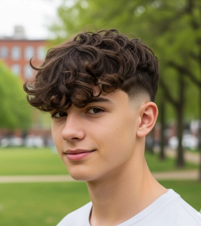 Thick Curly Fringe with Taper Fade