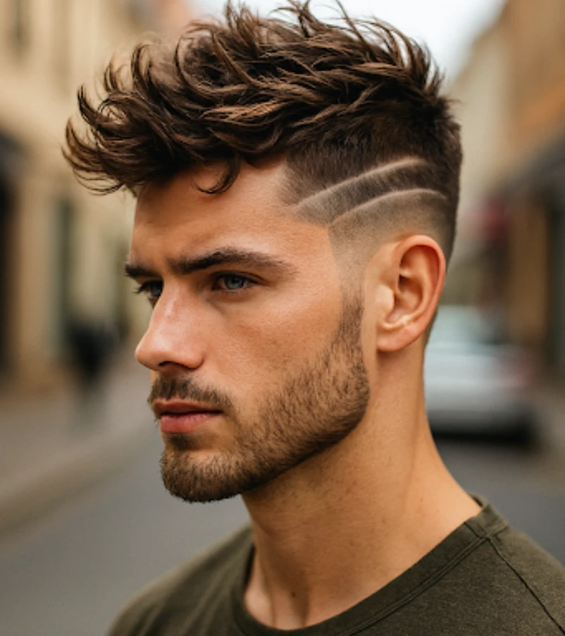 Wavy Spiky Fade with Thick Shaved Stripes